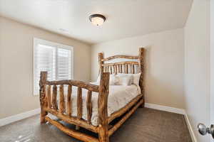 Bedroom featuring visible vents, a textured ceiling, carpet, and baseboards