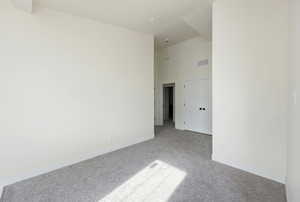Spare room featuring a high ceiling and carpet flooring