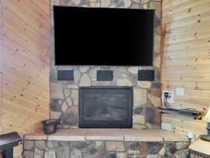 Room details featuring wooden walls and a fireplace