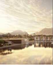 View of water feature with a mountain view