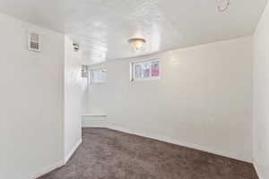 Below grade area with baseboards, visible vents, a textured ceiling, and carpet