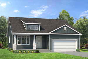 View of front of home with aphalt driveway, board and batten siding, roof with shingles, an attached garage, and a front yard