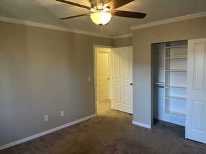 3rd bedroom features a closet with built-ins, baseboards, ornamental molding, and carpet