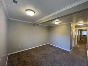 Family room with textured ceiling, carpet, and baseboards