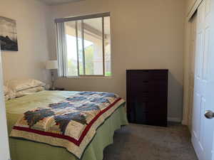 Bedroom featuring carpet and a closet