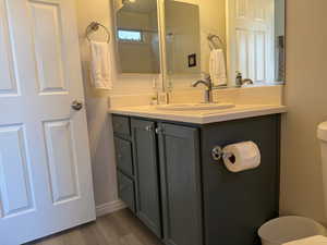 Bathroom featuring toilet, wood finished floors, and vanity