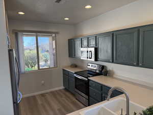 Kitchen with a sink, recessed lighting, dark wood finished floors, and stainless steel appliances