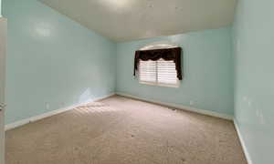 Carpeted empty room with visible vents, lofted ceiling, and baseboards
