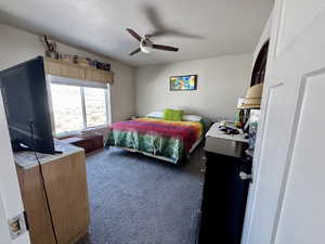 Carpeted bedroom with a ceiling fan