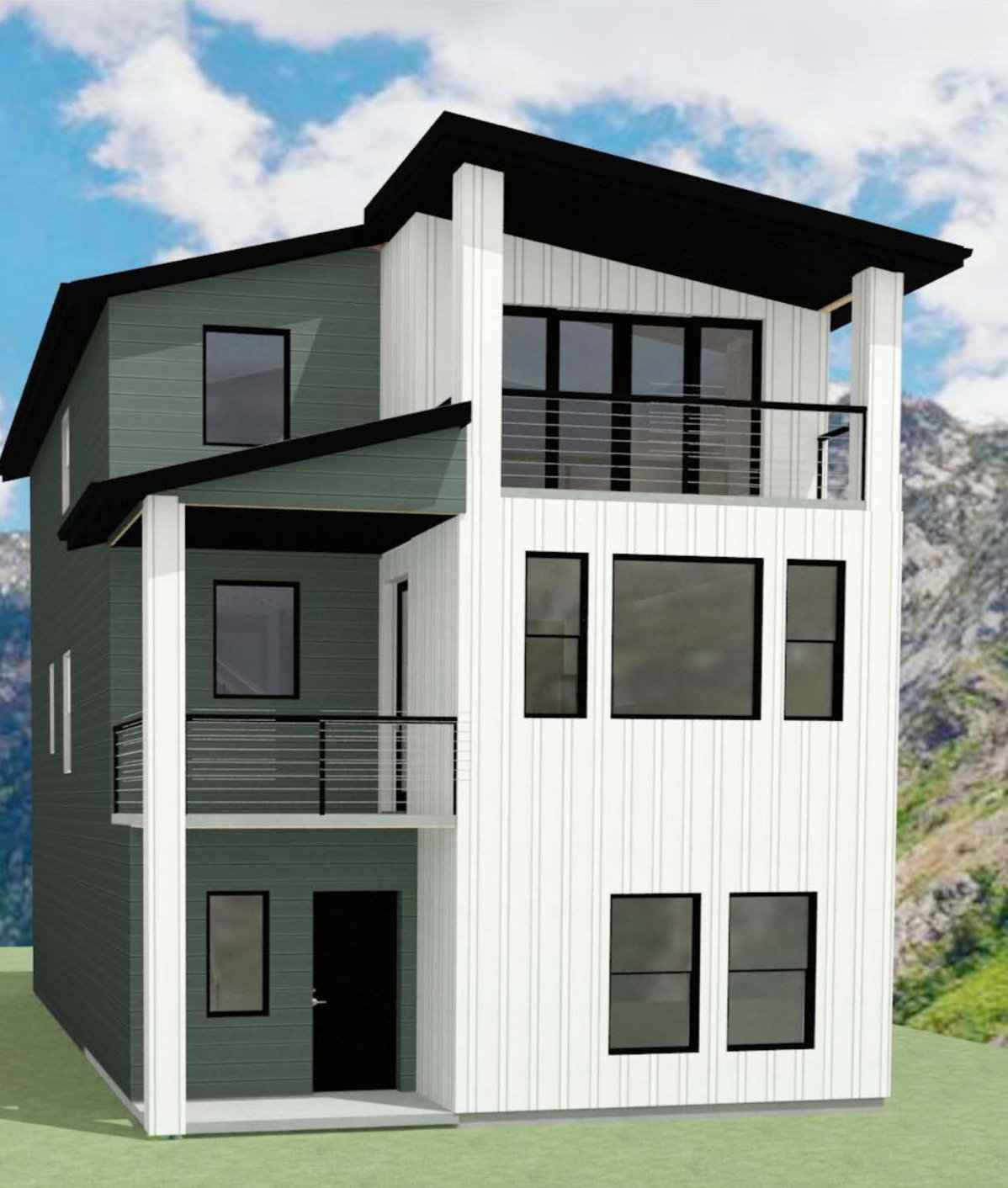 Front view of property with a balcony, board and batten siding, and a lawn