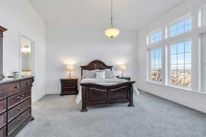 Bedroom featuring light colored carpet and baseboards