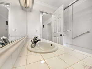 Bathroom featuring a sink and crown molding