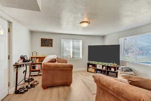 Living area featuring light wood-type flooring, baseboards, and a textured ceiling