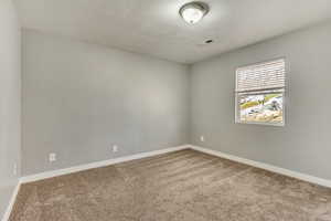 Unfurnished room featuring baseboards, visible vents, carpet floors, and a textured ceiling