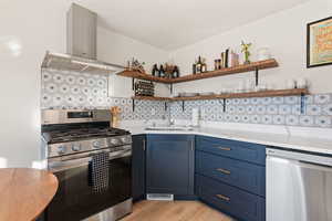 Kitchen featuring visible vents, blue cabinetry, appliances with stainless steel finishes, wall chimney exhaust hood, and a sink