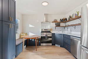 Kitchen featuring tasteful backsplash, open shelves, stainless steel appliances, wall chimney exhaust hood, and a sink