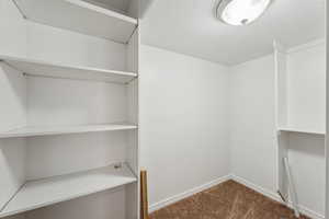 Walk in closet with dark carpet