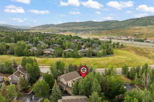 Aerial view of residential area with mountains