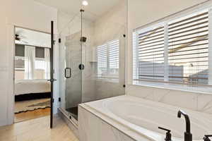 Full bath with a garden tub, marble finish floor, ensuite bathroom, a marble finish shower, and ceiling fan