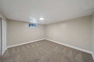 Basement with baseboards and carpet floors