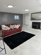 Living area with a textured ceiling and a fireplace
