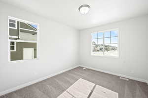 Spare room featuring visible vents, baseboards, and carpet