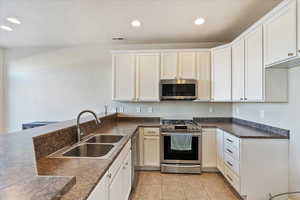 Kitchen featuring dark countertops, visible vents, stainless steel appliances, and a sink