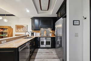 Kitchen with a sink, backsplash, appliances with stainless steel finishes, light wood finished floors, and dark cabinets