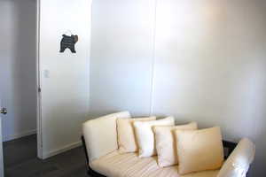 Bedroom featuring dark wood-style floors and baseboards