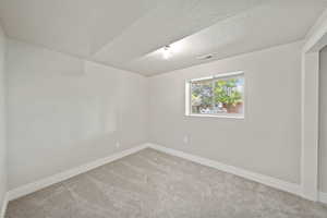 Carpeted empty room with baseboards, a textured ceiling, and visible vents