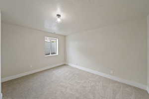 Unfurnished room with baseboards, light carpet, and a textured ceiling