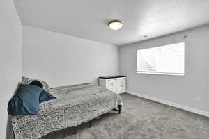 Bedroom with visible vents, a textured ceiling, baseboards, and carpet floors