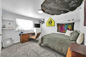 Bedroom featuring baseboards, a textured ceiling, and carpet flooring