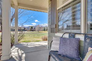 View of patio with a mountain view