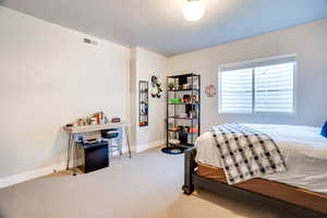 Bedroom featuring visible vents, baseboards, and carpet