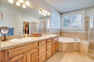 Bathroom featuring a spacious closet, double vanity, a stall shower, a bath, and a sink