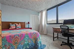 Carpeted bedroom with a closet and baseboards