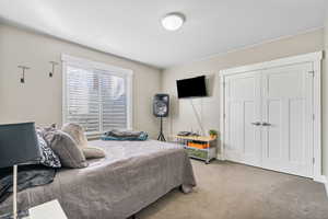 Bedroom featuring light carpet