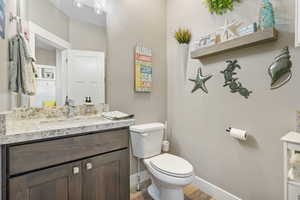 Bathroom with toilet, vanity, baseboards, and wood finished floors