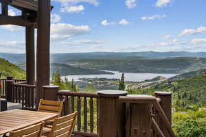 Balcony featuring a water and mountain view
