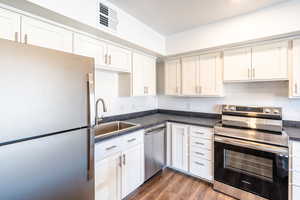 Kitchen with visible vents, a sink, dark countertops, wood finished floors, and stainless steel appliances