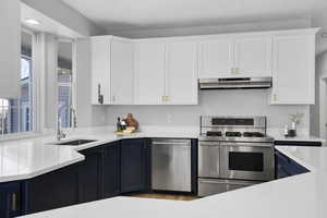 Kitchen featuring range with two ovens, blue cabinetry, a sink, white cabinets, and under cabinet range hood