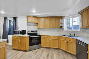 Kitchen with a sink, open shelves, light wood-type flooring, and stainless steel appliances