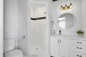 Full bath featuring vanity, a shower stall, and toilet