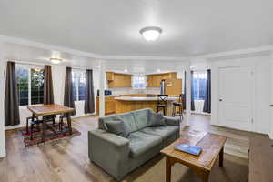 Living area with baseboards and light wood finished floors