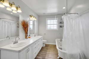 Bathroom with double vanity, toilet, wood finished floors, and a sink