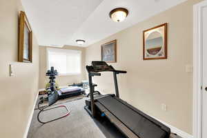 Exercise room featuring carpet and baseboards