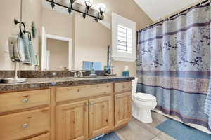 Bathroom with vanity, a shower with shower curtain, toilet, and tile patterned flooring