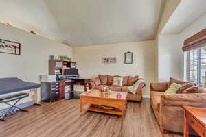 Living area with light wood-type flooring, baseboards, and vaulted ceiling