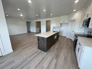 Kitchen featuring light wood-style flooring, a sink, appliances with stainless steel finishes, white cabinetry, and tasteful backsplash